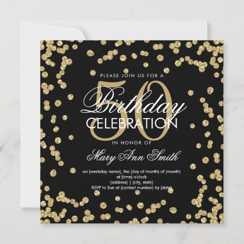 Gold Black 50th Birthday Elegant Glitter Confetti Invitation