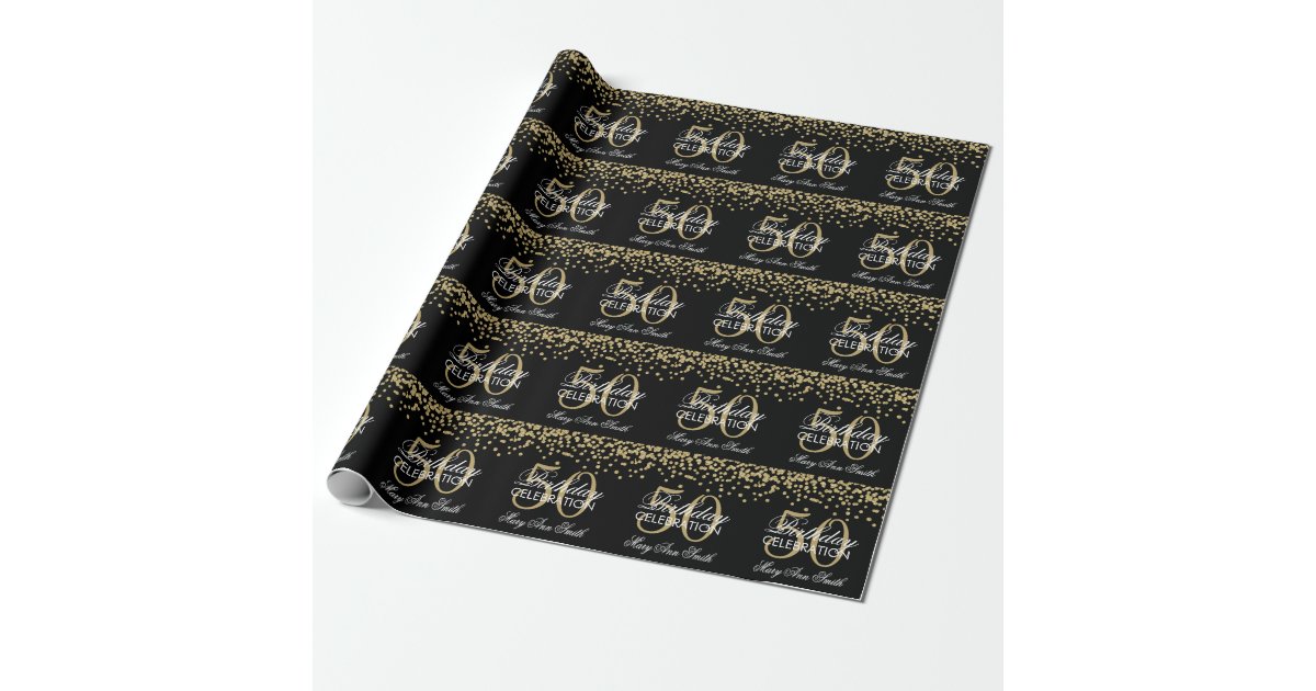 Gold Black 50th Birthday Glitter Confetti Wrapping Paper | Zazzle