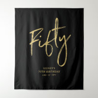 Gold & Black 50th Birthday Party Backdrop Tapestry