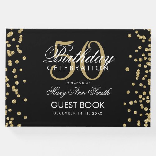 Gold Black 50th Birthday Party Glitter Confetti Guest Book