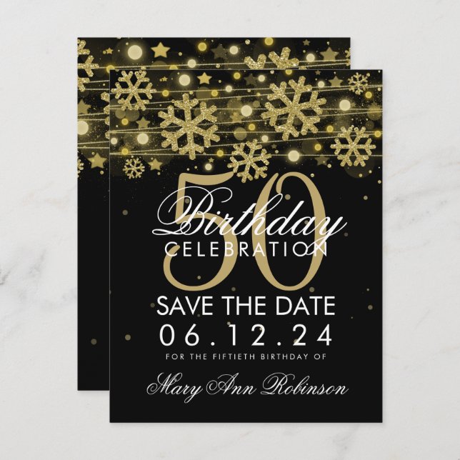 Gold Black 50th Birthday Save Date Winter Invitation (Front/Back)