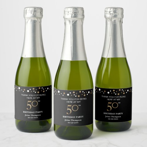 Gold black 50th birthday theme confetti thank you sparkling wine label