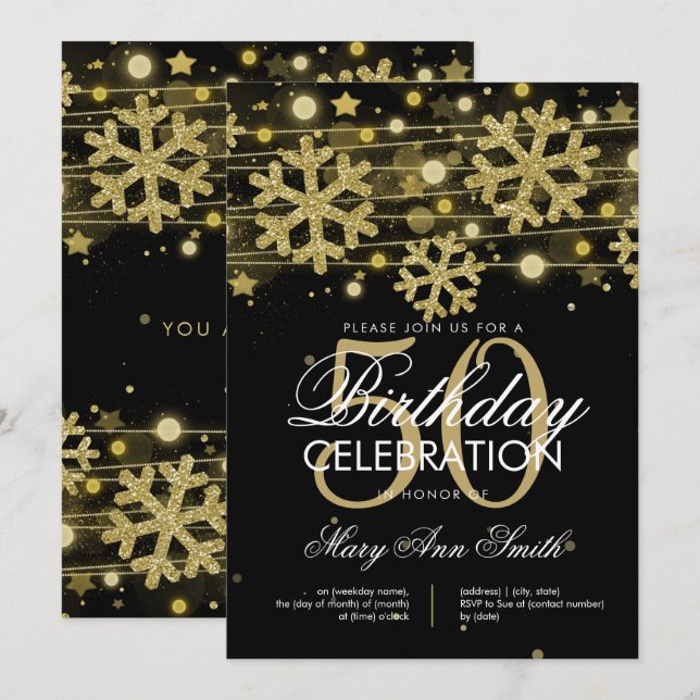 Gold Black 50th Birthday Winter Glitter Glam Invitation (Front/Back)