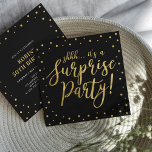 Gold & Black | 50th Surprise Birthday Party Invitation<br><div class="desc">Celebrate your special day with this stylish modern surprise birthday party invitation template. This design features chic gold textured calligraphy and confetti on a black background. You can customize the text to any birthday or events. (21st,  30th,  40th,  50th,  60th,  70th,  80th,  90th,  100th)</div>