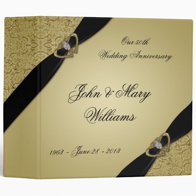 Gold Black 50th Wedding Anniversary 3 Ring Binder (Front/Spine)