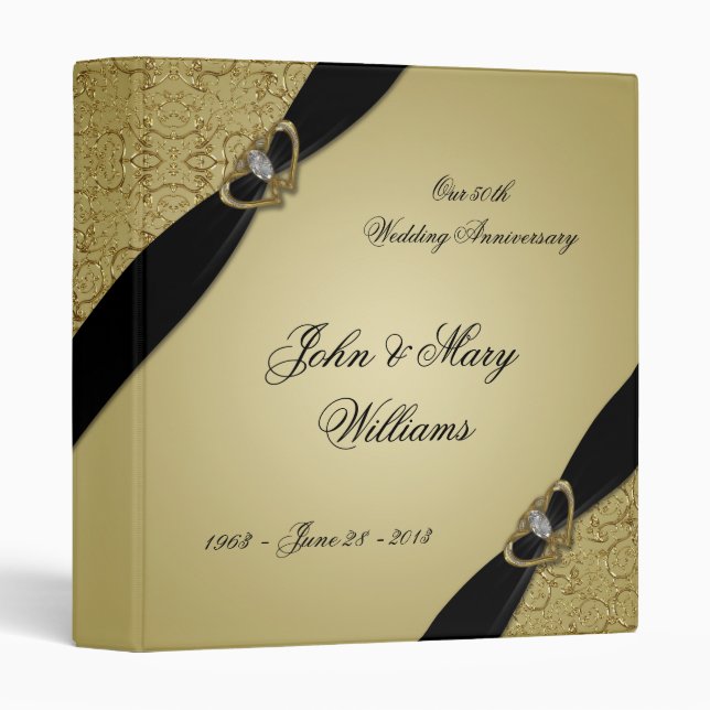 Gold Black 50th Wedding Anniversary 3 Ring Binder (Front/Spine)