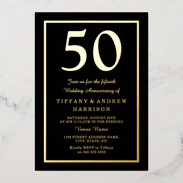 Gold & Black 50th Wedding Anniversary Golden Foil Invitation (Front)