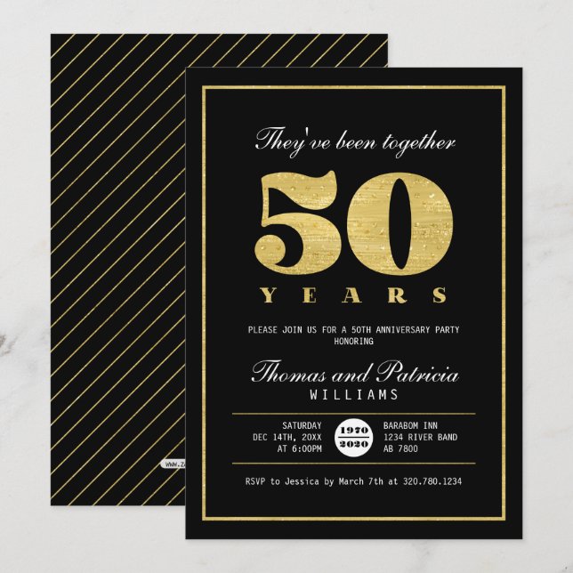Gold & Black 50th Wedding Anniversary Invitation (Front/Back)