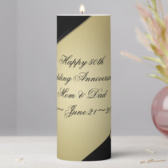 Gold Black 50th Wedding Anniversary Pillar Candle (In Situ)