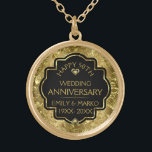 Gold & Black 50th Wedding Anniversary Plated Necklace<br><div class="desc">Image of a gold shiny floral damask and gold diamonds with a customizable text template for you to customize.</div>
