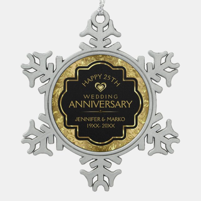 Gold Black 50th Wedding Anniversary Snowflake Pewter Christmas Ornament (Front)