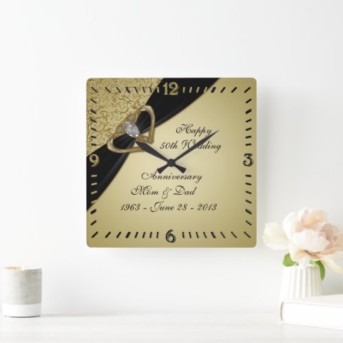 Gold Black 50th Wedding Anniversary Square Wall Clock