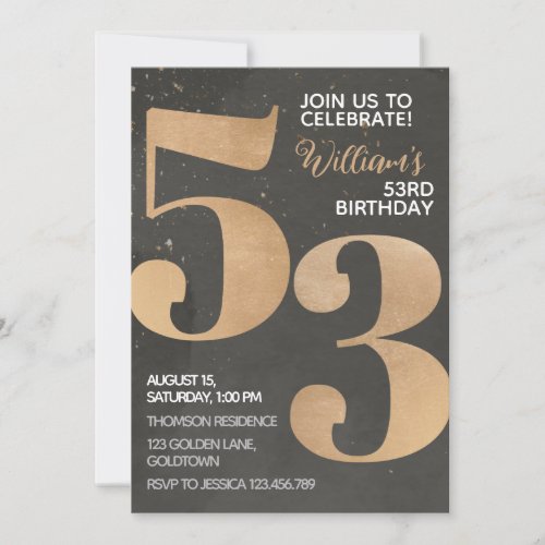 Gold Black 53rd Birthday Invitation