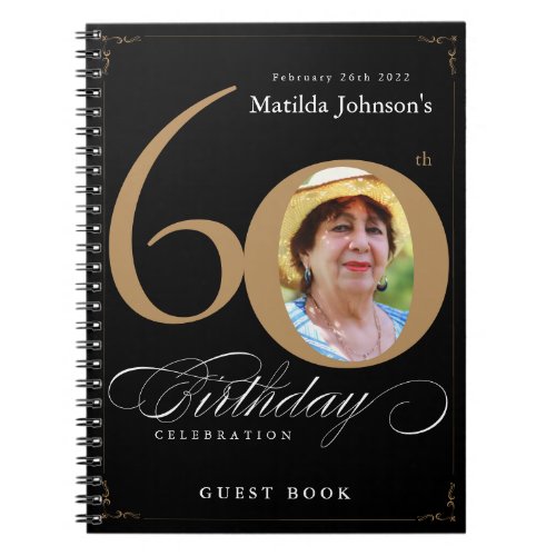 Gold Black 60th Birthday Elegant Script Guestbook Notebook