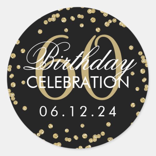 Gold Black 60th Birthday Faux Glitter Confetti Classic Round Sticker