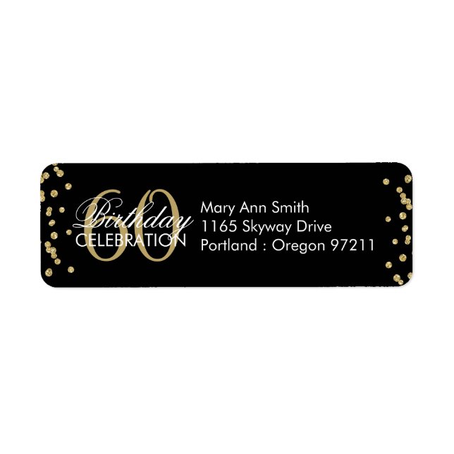 Gold Black 60th Birthday Glitter Confetti Label (Front)