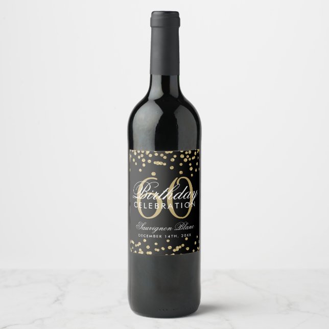 Gold Black 60th Birthday Glitter Confetti Wine Label (Front)