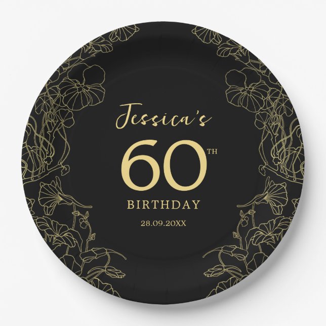 Gold Black 60th Birthday Paper Plates (Front)