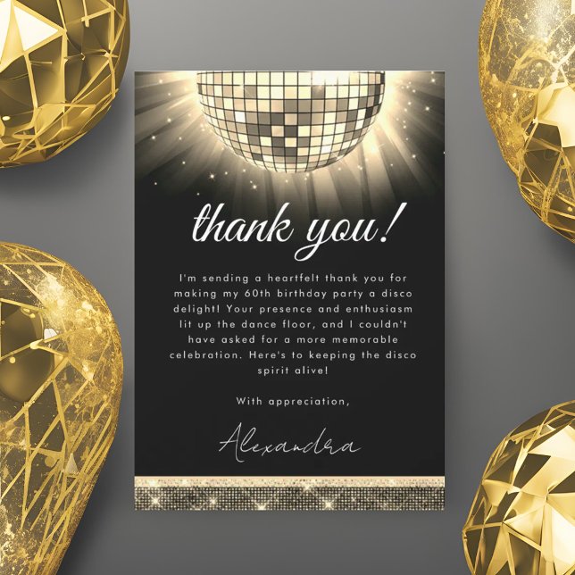 Gold Black 60th Birthday Party 70's Disco Ball Thank You Card (Creator Uploaded)
