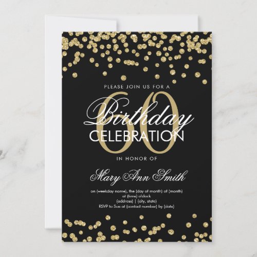 Gold Black 60th Birthday Party Glitter Confetti Invitation