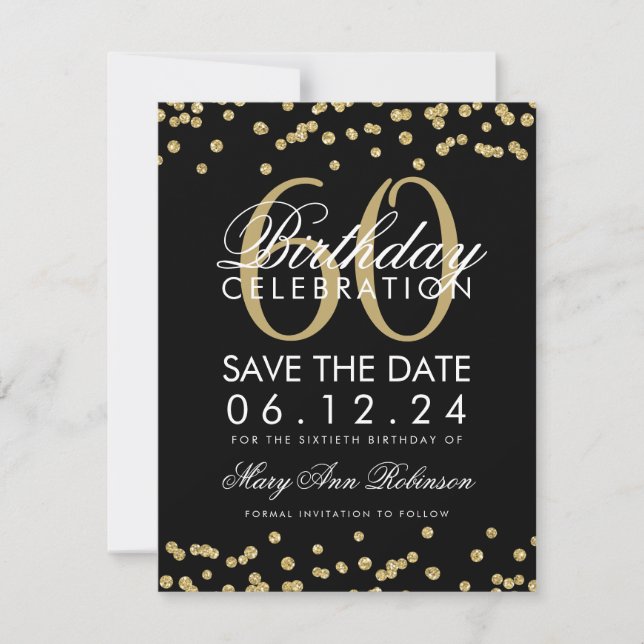 Gold Black 60th Birthday Save Date Confetti Save The Date (Front)