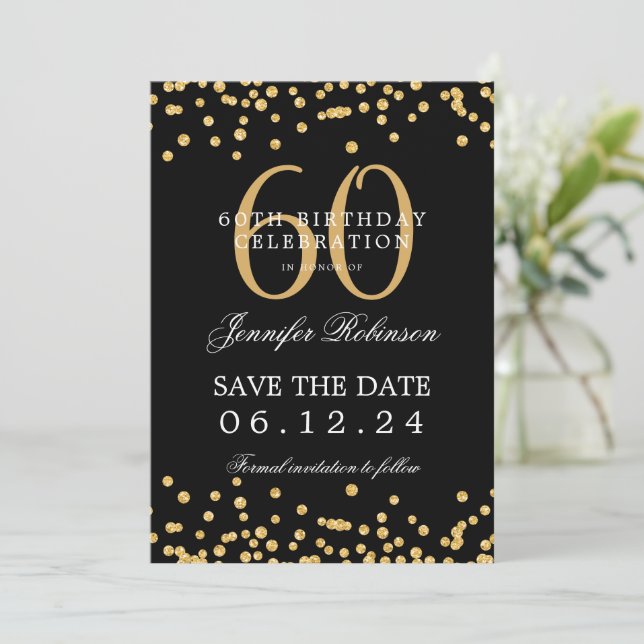Gold Black 60th Birthday Save the Date & Details Invitation (Standing Front)