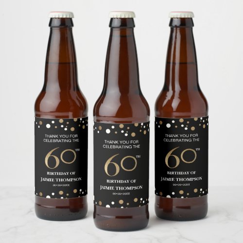 Gold black 60th birthday theme confetti thank you  beer bottle label