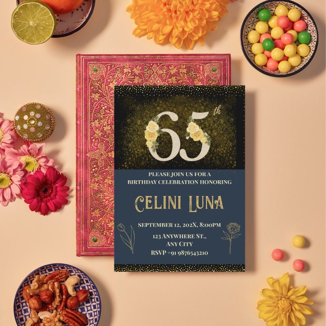 Gold & Black 61st–69th Birthday Party Invitations (Gold & Black 65th Birthday Invitations)