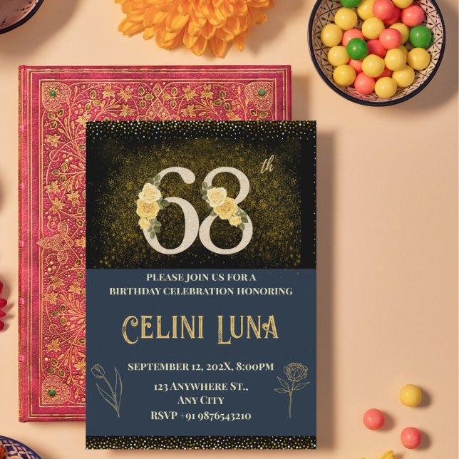 Gold & Black 61st–69th Birthday Party Invitations (Gold & Black 68th Birthday Invitations)