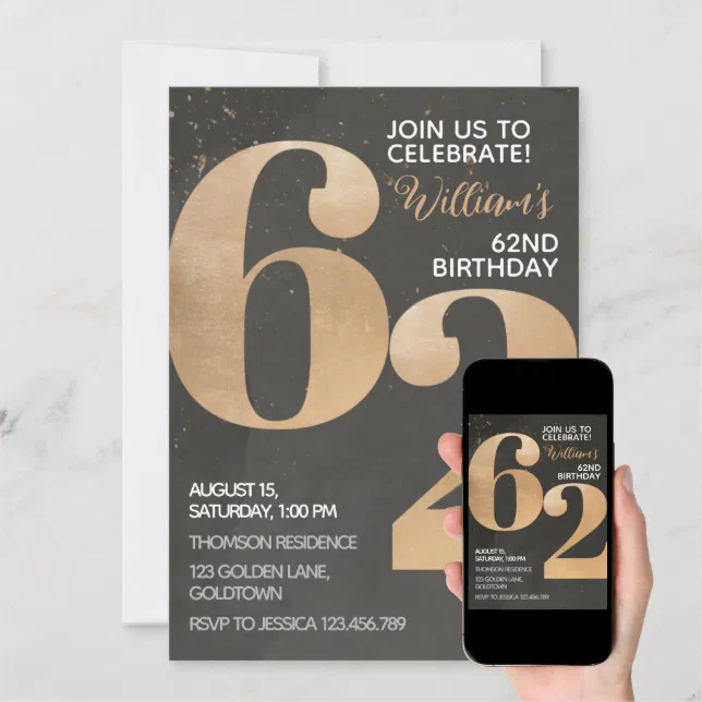 Gold Black 62nd Birthday Invitation | Zazzle