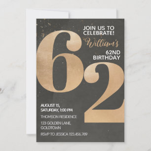 Gold Black 62nd Birthday Invitation