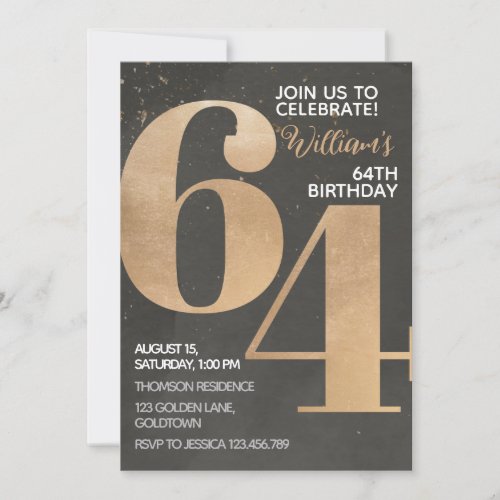 Gold Black 64th Birthday Invitation