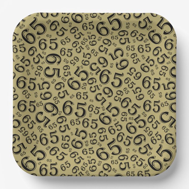  Gold/Black 65th Random Number Pattern Paper Plates (Front)