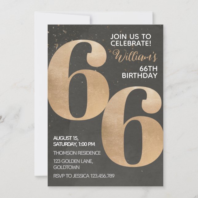 Gold Black 66th Birthday Invitation (Front)