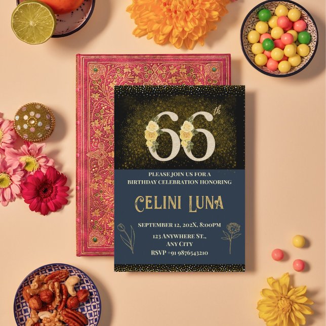 Gold & Black 66th Birthday Invitations (Gold & Black 66th Birthday Invitations)