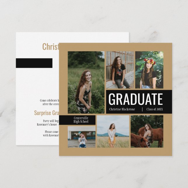 Gold & Black 6 Photo Graduation Invitation (Front/Back)