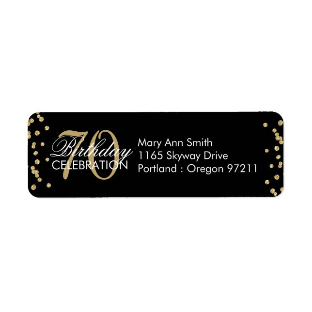 Gold Black 70th Birthday Glitter Confetti Label (Front)
