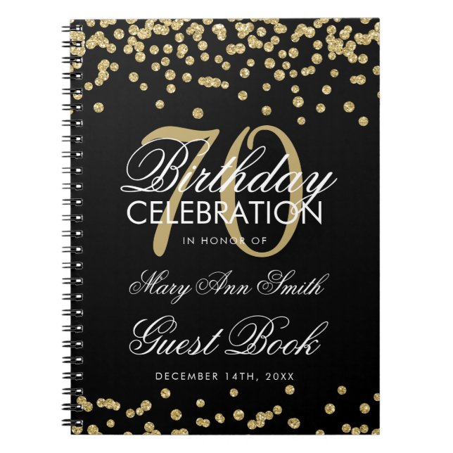 Gold Black 70th Birthday Guest Book Confetti (Front)