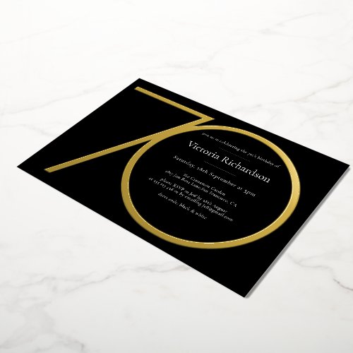 Gold Black 70th Birthday Modern Custom Minimalist  Foil Invitation