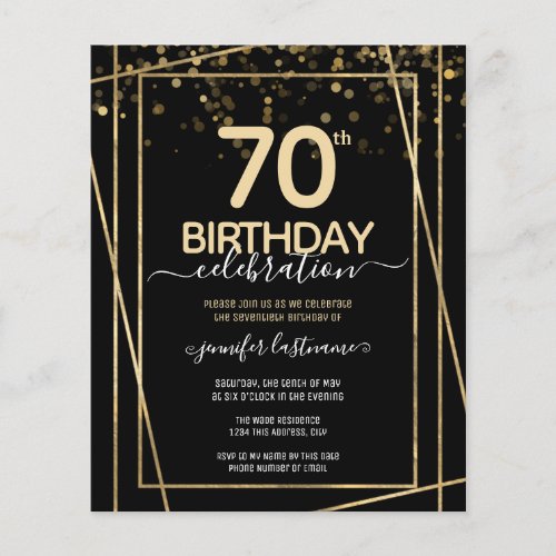 Gold Black 70th Birthday Party Budget Invitation