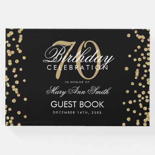 Gold Black 70th Birthday Party Glitter Confetti Guest Book