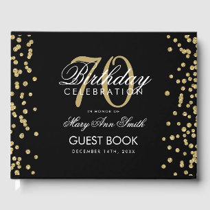 Gold Black 70th Birthday Party Glitter Confetti Guest Book
