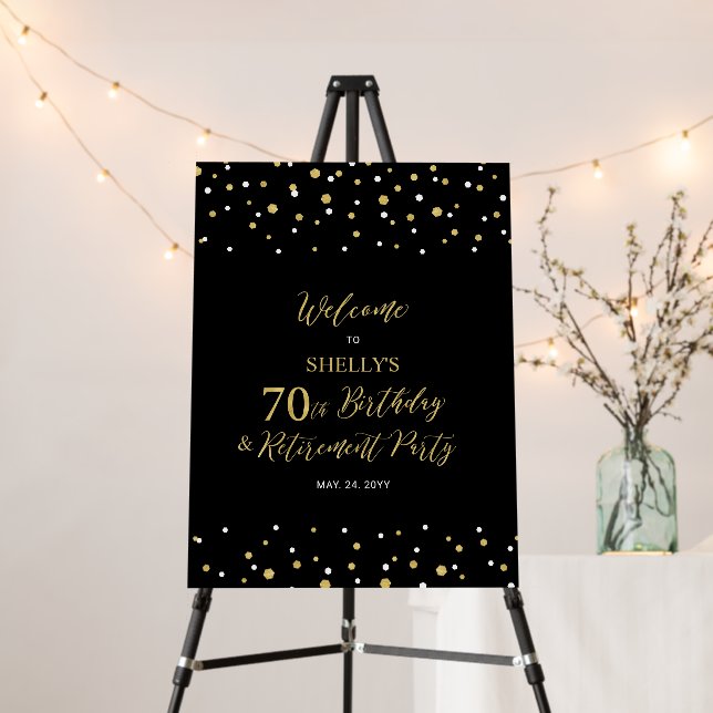 Gold Black 70th Birthday Retirement Party Welcome Foam Board (In Situ (Stand))