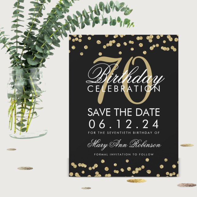Gold Black 70th Birthday Save Date Confetti Save The Date
