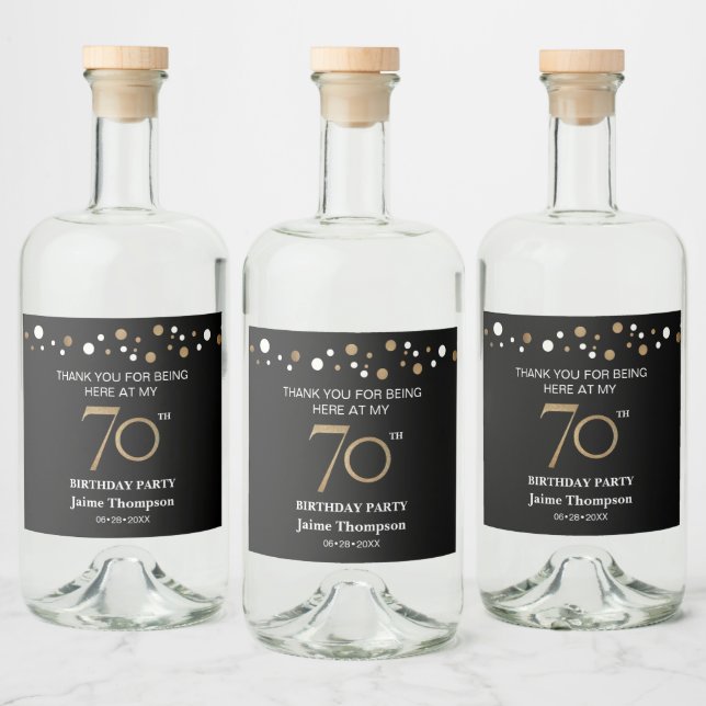 Gold black 70th birthday theme confetti thank you liquor bottle label (Bottles)