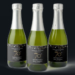 Gold black 70th birthday theme confetti thank you sparkling wine label<br><div class="desc">Pop the bubbly and thank your guests for coming. Use these labels for your sparkling wine at your birthday party. An elegant black and printed gold design for your 70th birthday milestone celebration. Personalize with your name and greeting. Black gold print confetti dot design adds to the sophisticated look.</div>