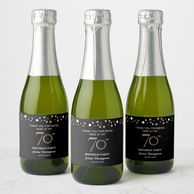 Gold black 70th birthday theme confetti thank you sparkling wine label (Bottles)
