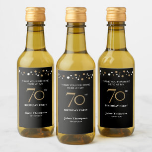 Gold black 70th birthday theme confetti thank you wine label