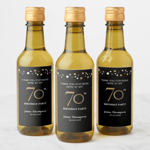 Gold black 70th birthday theme confetti thank you  wine label