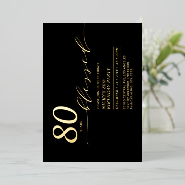 Gold & Black 80 Years Loved 80th Birthday Party Foil Invitation (Standing Front)